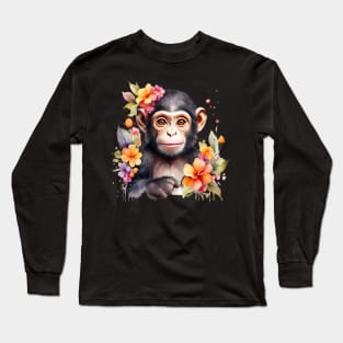 A baby chimpanzee decorated with beautiful watercolor flowers Long Sleeve T-Shirt